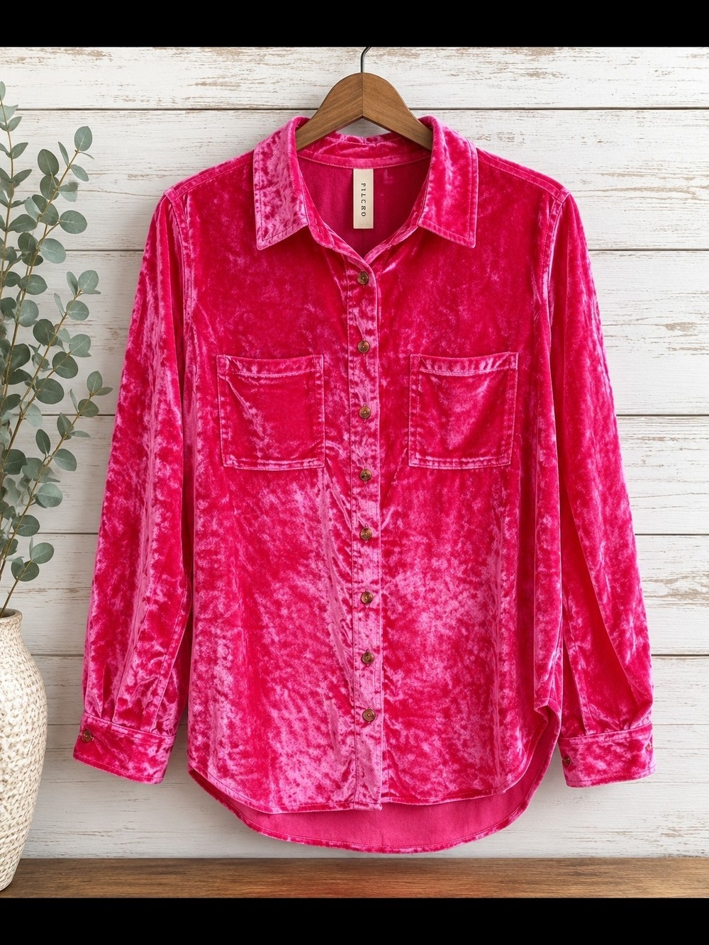 Anthropologie Pilcro Hot Pink Crushed Velvet Button-Down Shirt – Size 0